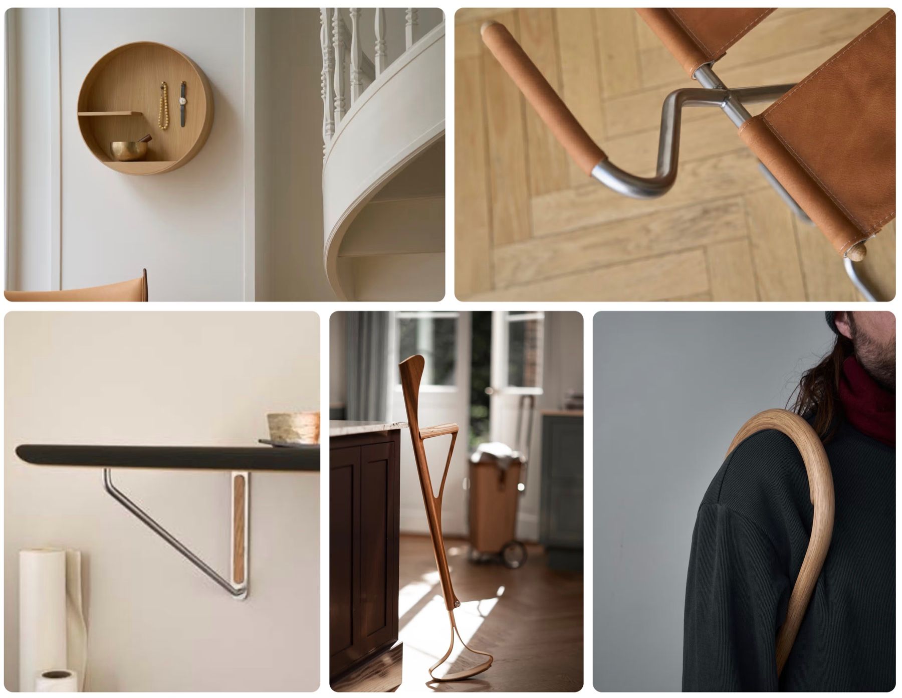 Details from Anker Bak’s furniture: a round oak wall shelf, a leather seat cane and the Circle Cane