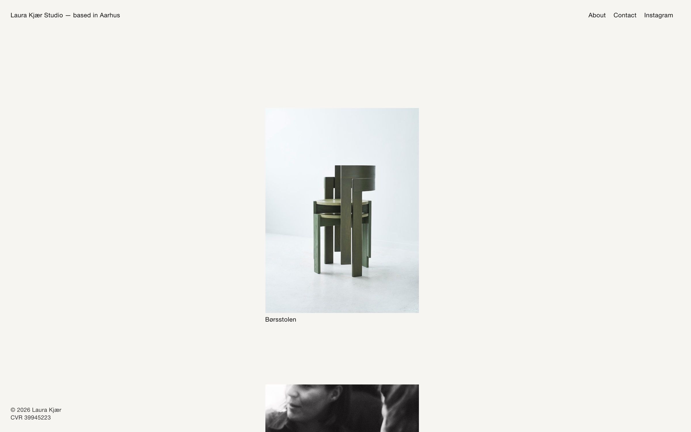 The home page on desktop, the Børsstolen chair centred on warm paper white with the next project peeking in below