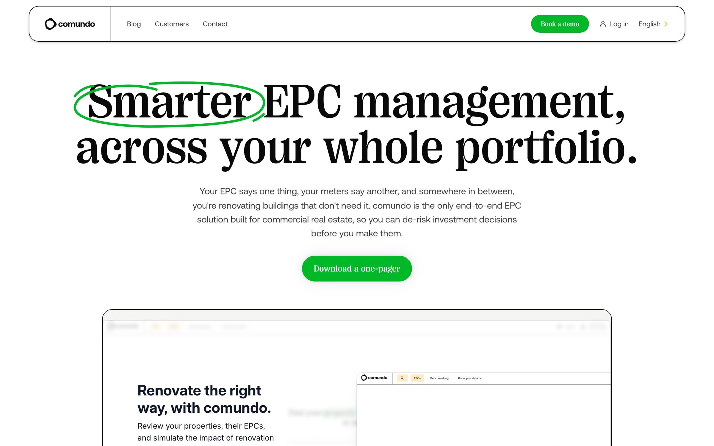The comundo home page on desktop, the headline “Smarter EPC management, across your whole portfolio” with a green hand-drawn circle around “Smarter”