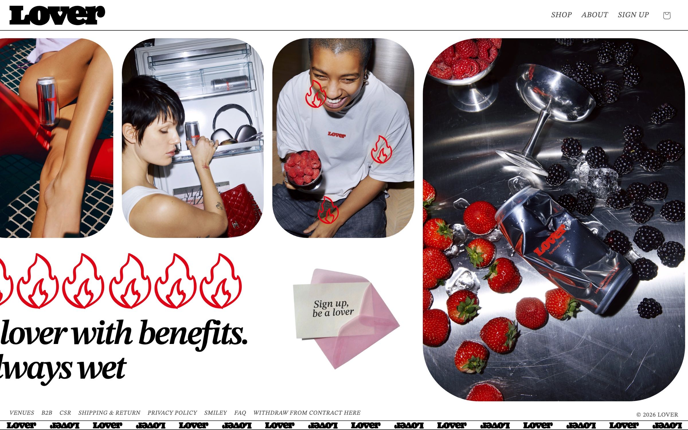 The Lover home page on desktop, a sideways strip of rounded photos, red flame icons and the line “A lover with benefits. Always wet”