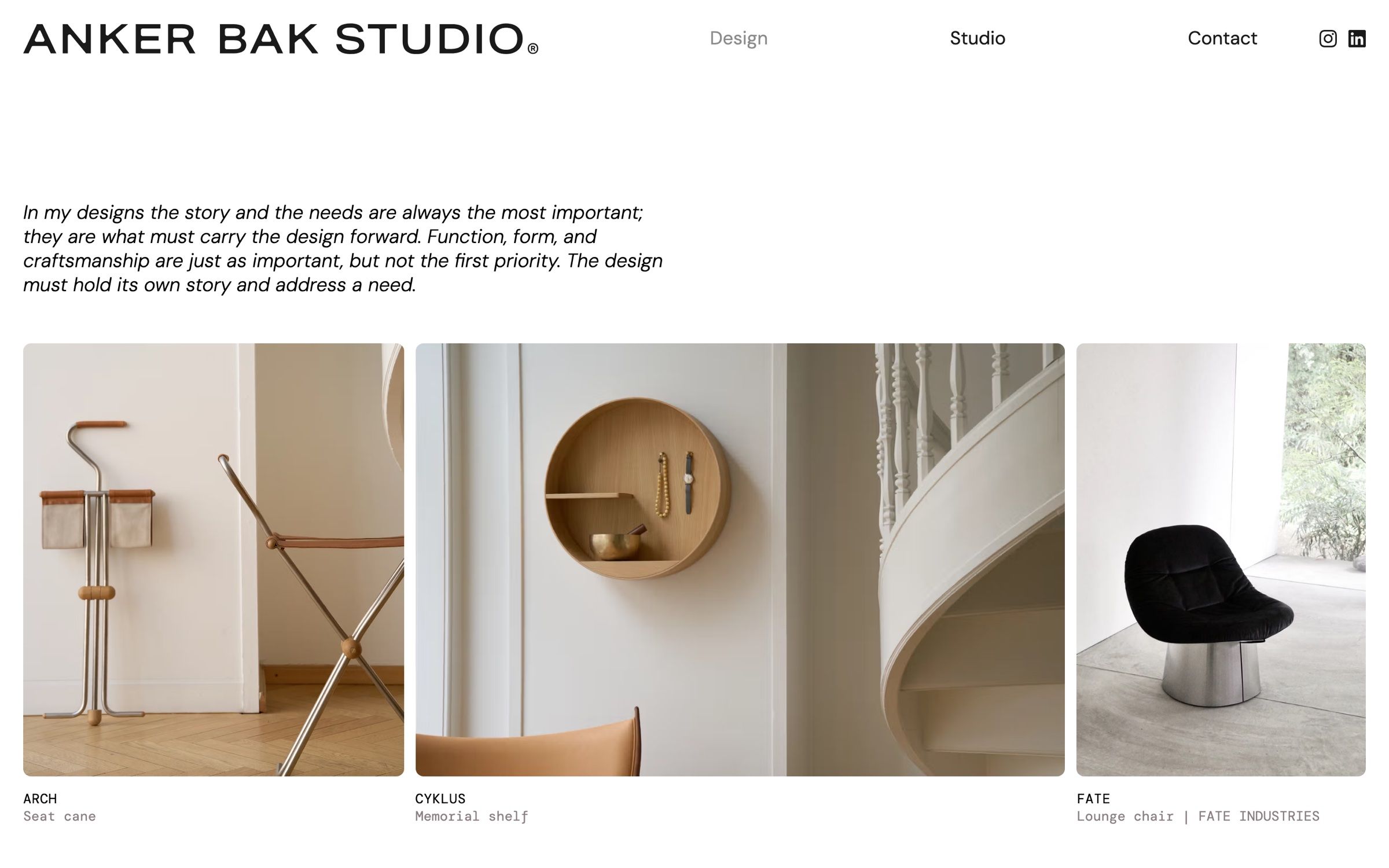 The design overview on desktop, a short statement above photos of the Arch seat cane, the Cyklus shelf and the Fate lounge chair