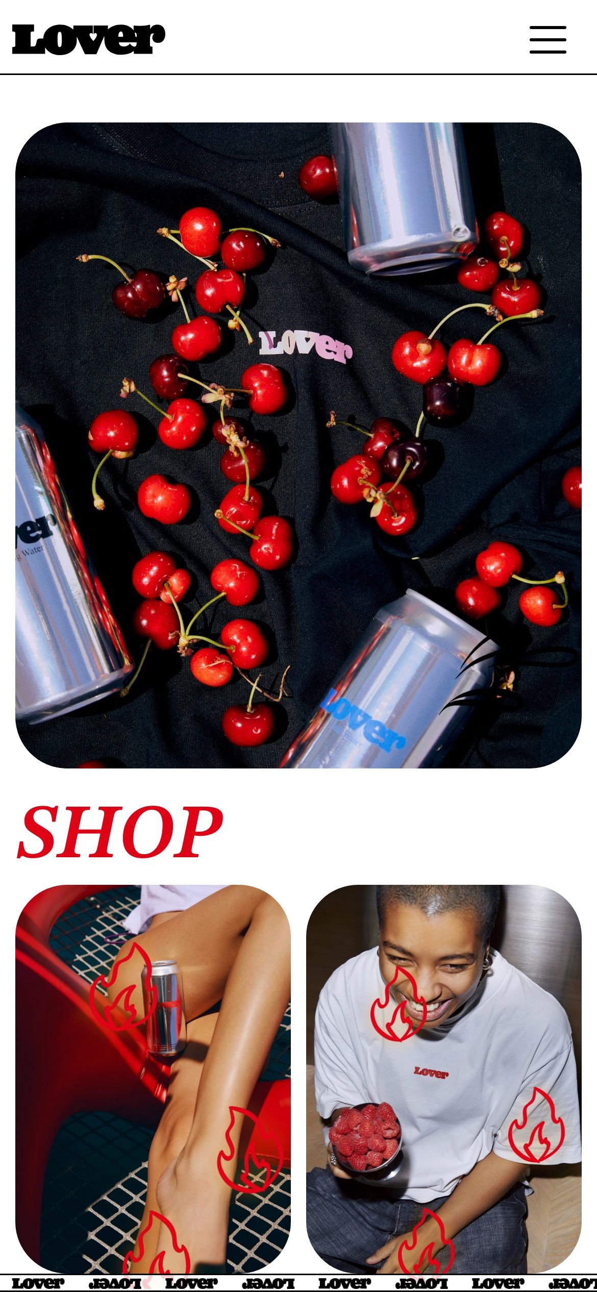 The Lover home page on a phone, cans on a black T-shirt scattered with cherries above a red “Shop” heading