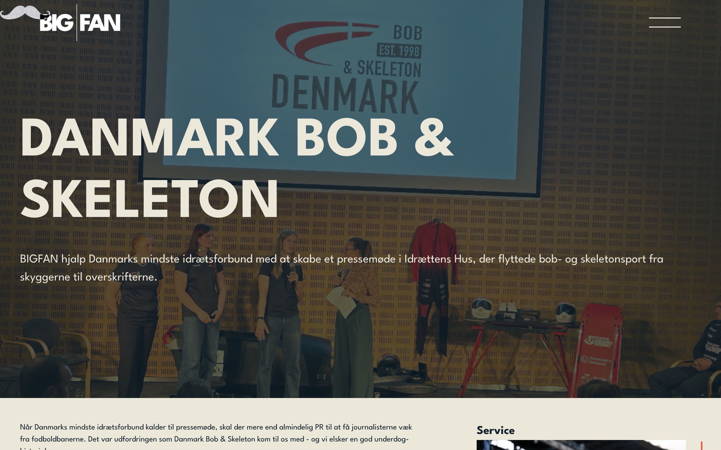 The Danmark Bob & Skeleton case on desktop, athletes on stage at a press conference behind the bold title