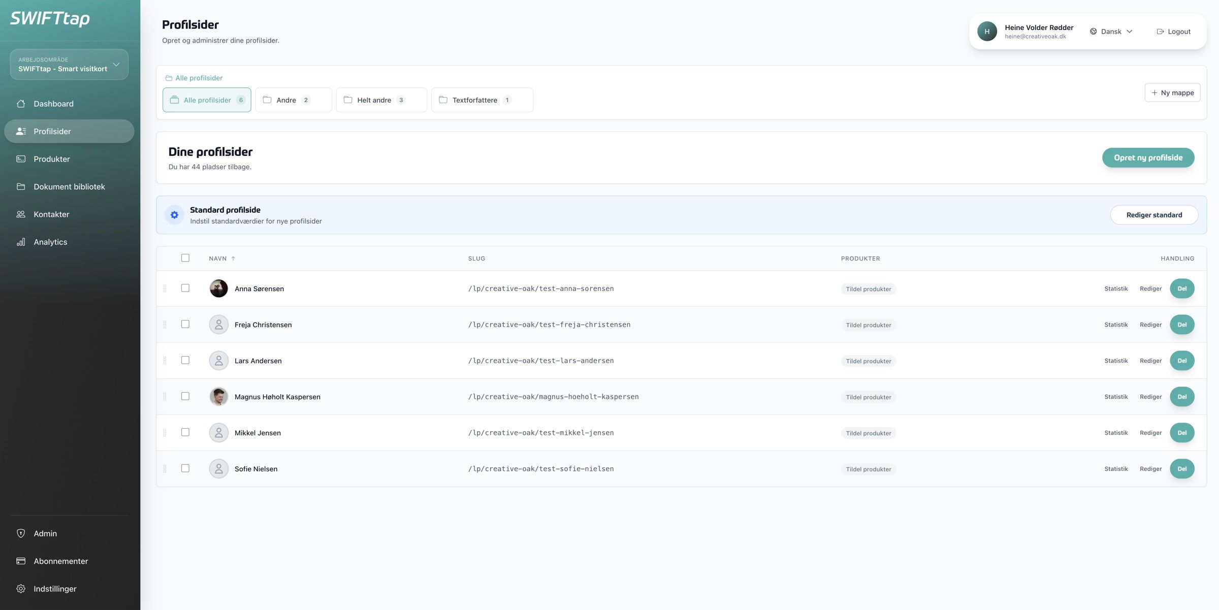The profile pages overview, a team’s profiles sorted into folders, each with its own link, statistics and share button