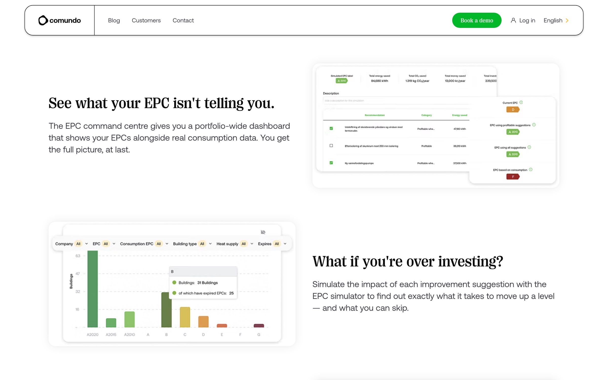 The home page features on desktop, the EPC command centre table and the EPC simulator’s bar chart beside short explanations