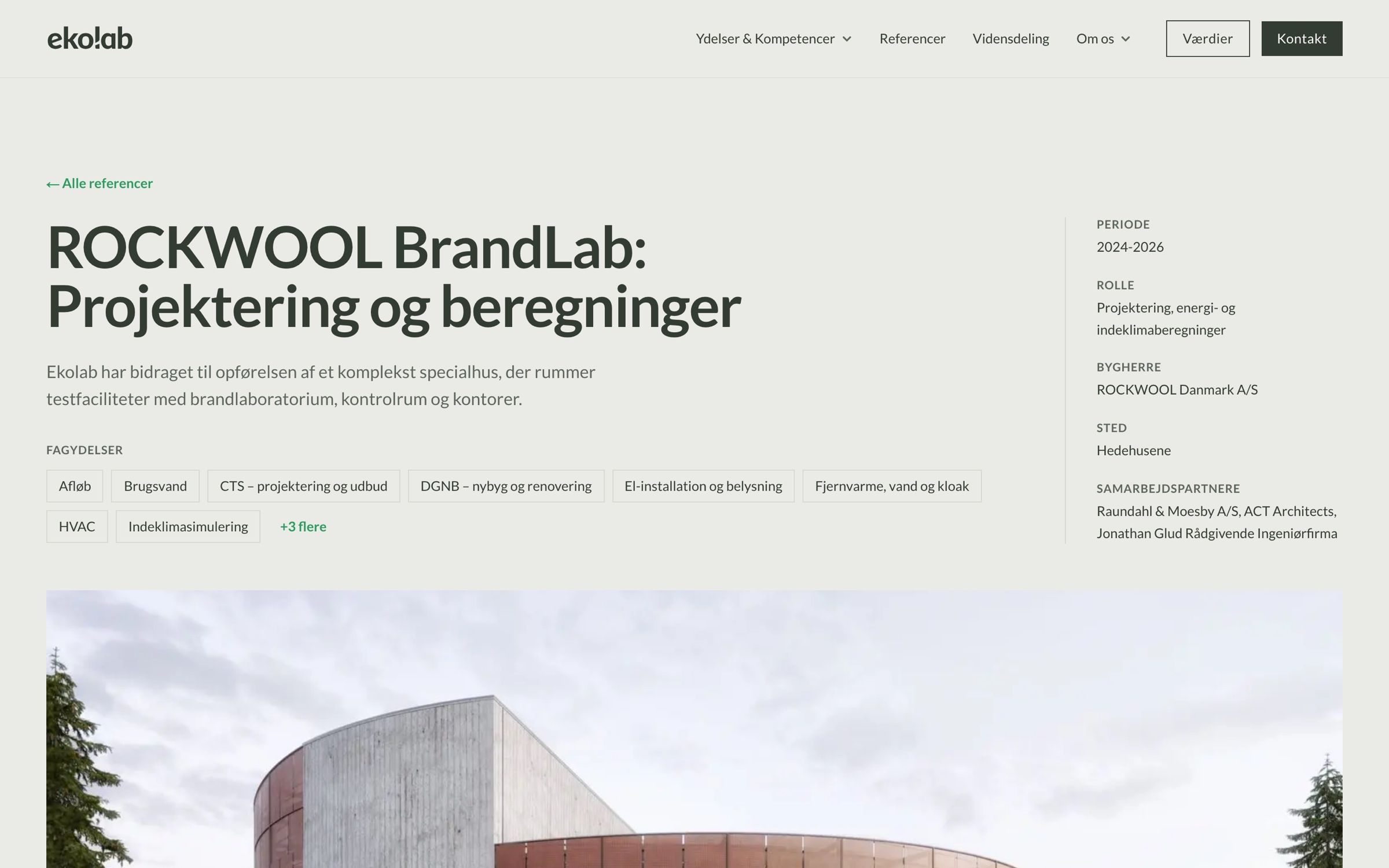 ROCKWOOL BrandLab reference page with discipline tags and a sidebar listing period, role, client, location and partners
