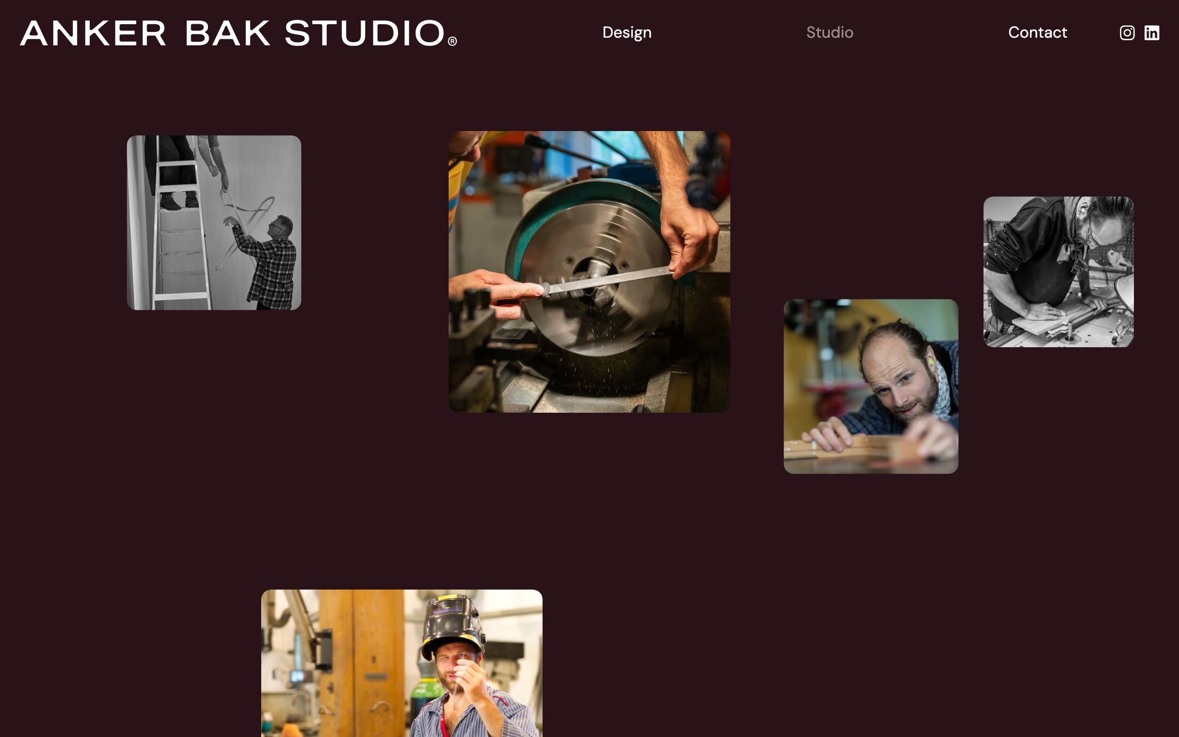 The studio page on desktop, black-and-white and colour workshop photos of Anker at a lathe and a workbench, scattered on plum