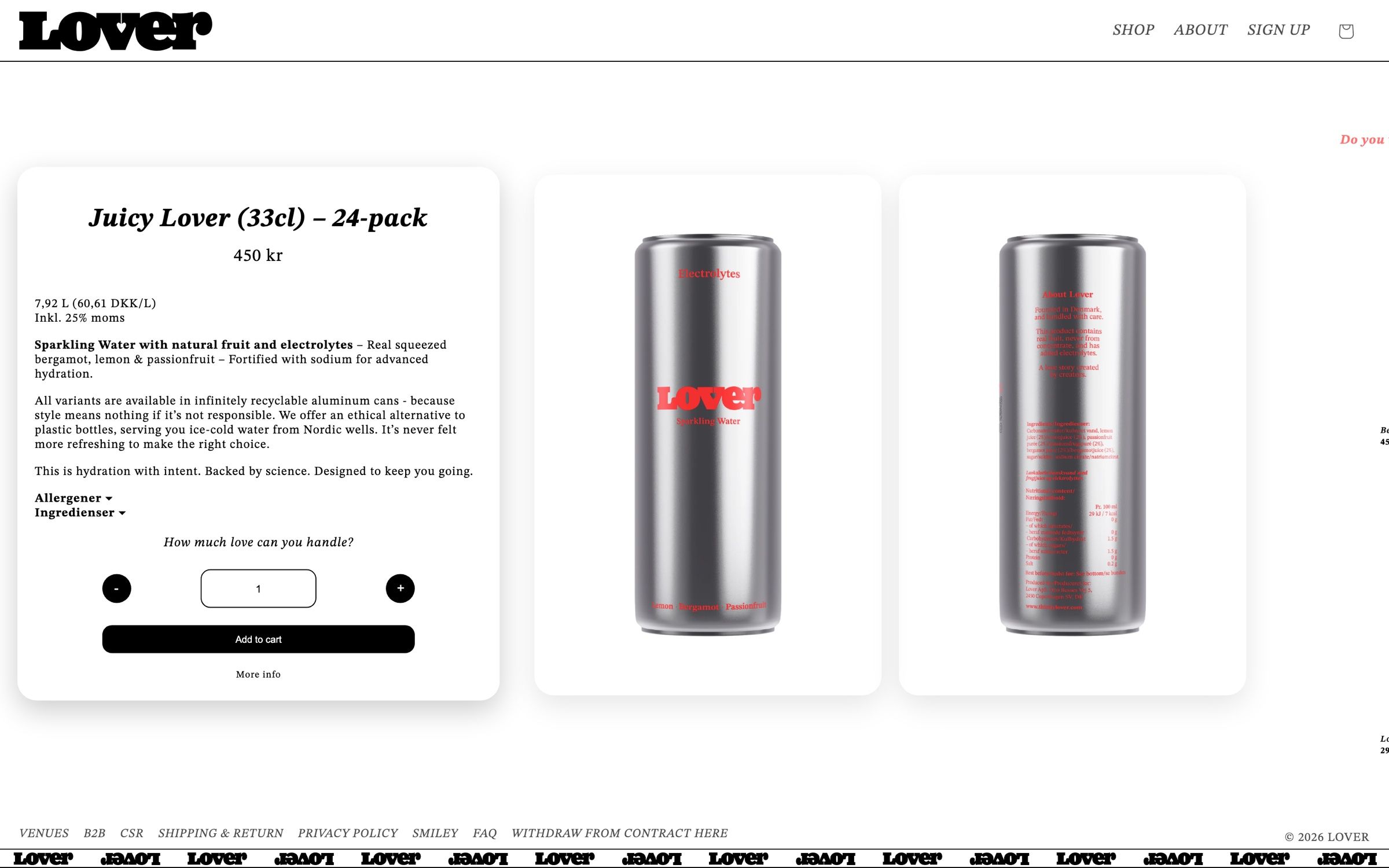 The Juicy Lover 24-pack product page on desktop, price, description and quantity picker beside front and back renders of the can