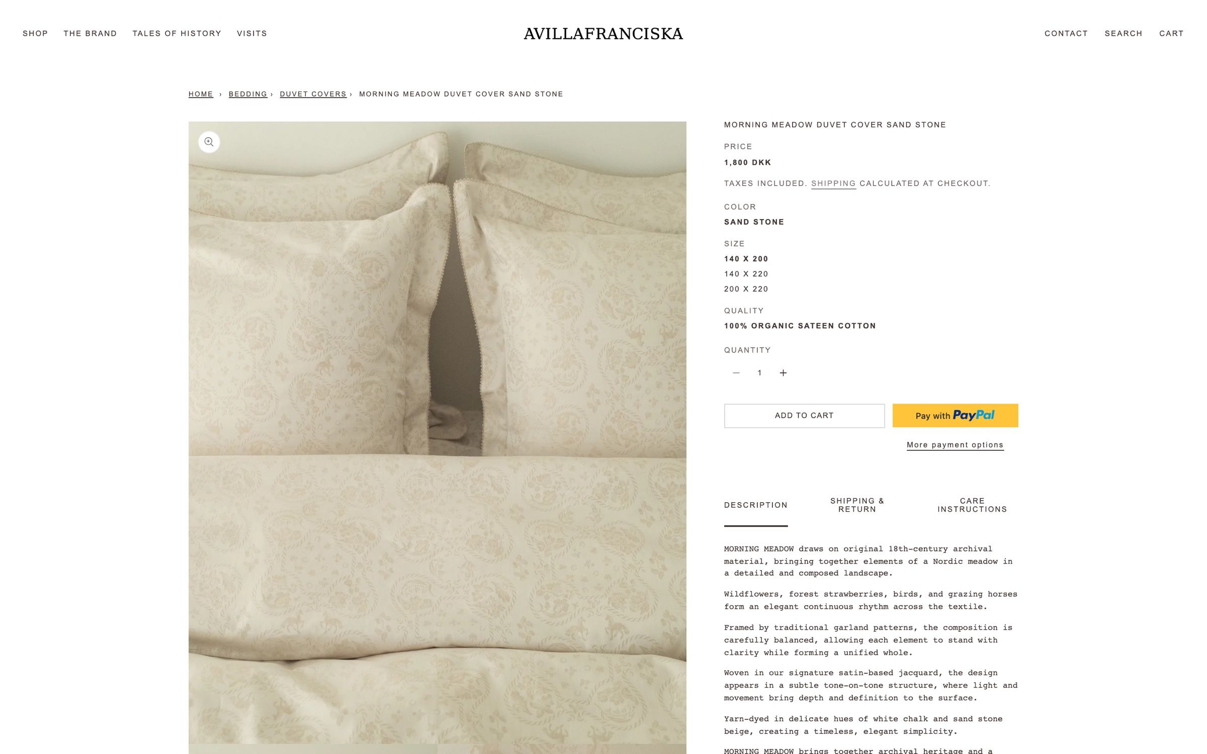 The Morning Meadow duvet cover product page on desktop, a large photo beside size, quality and add-to-cart options