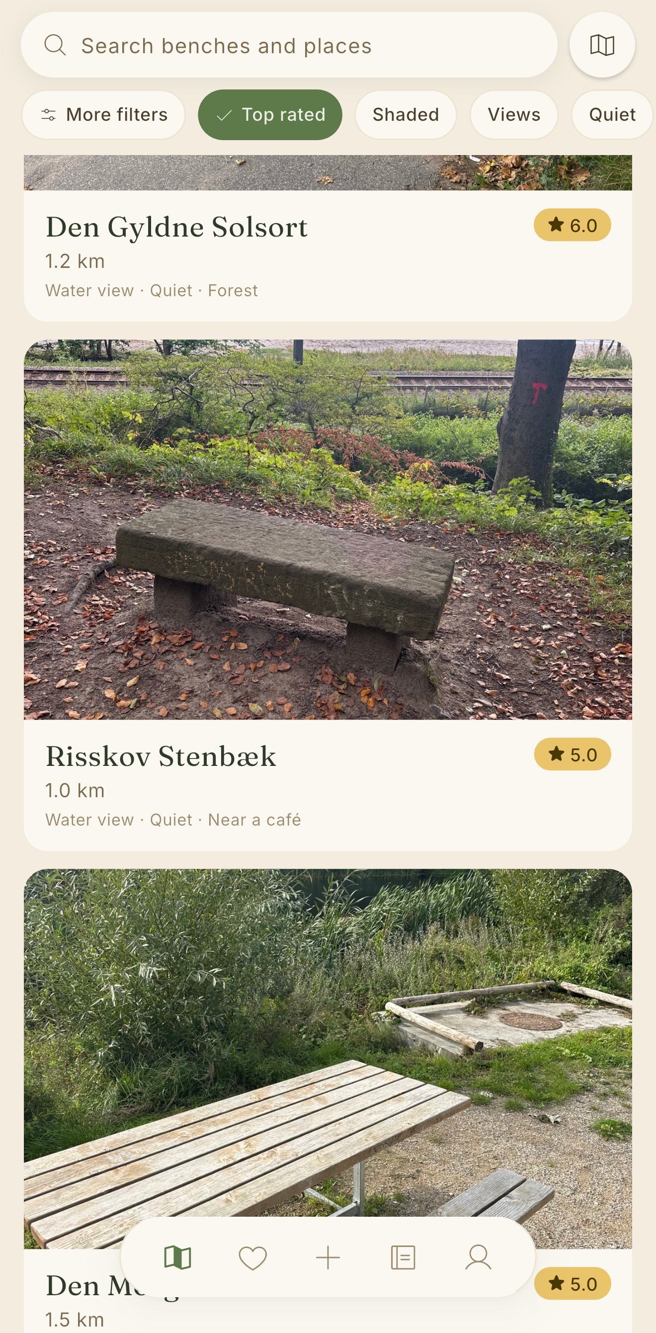 The list view, top-rated benches as big photo cards with distance, rating and tags like water view and quiet