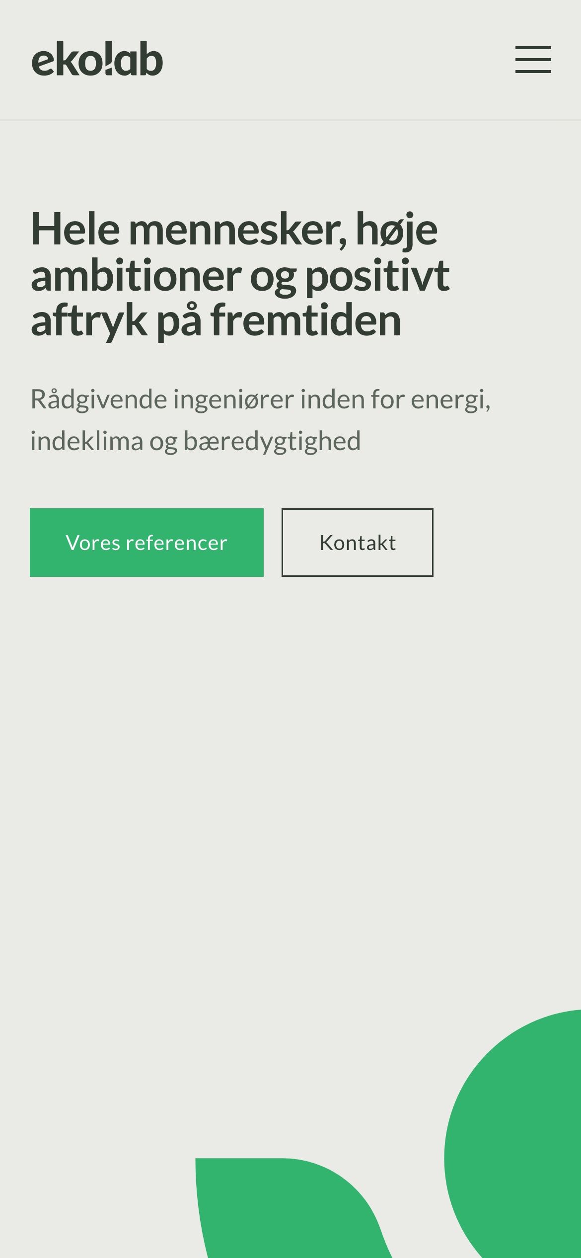 Ekolab home page on mobile, headline and two buttons above the green shapes