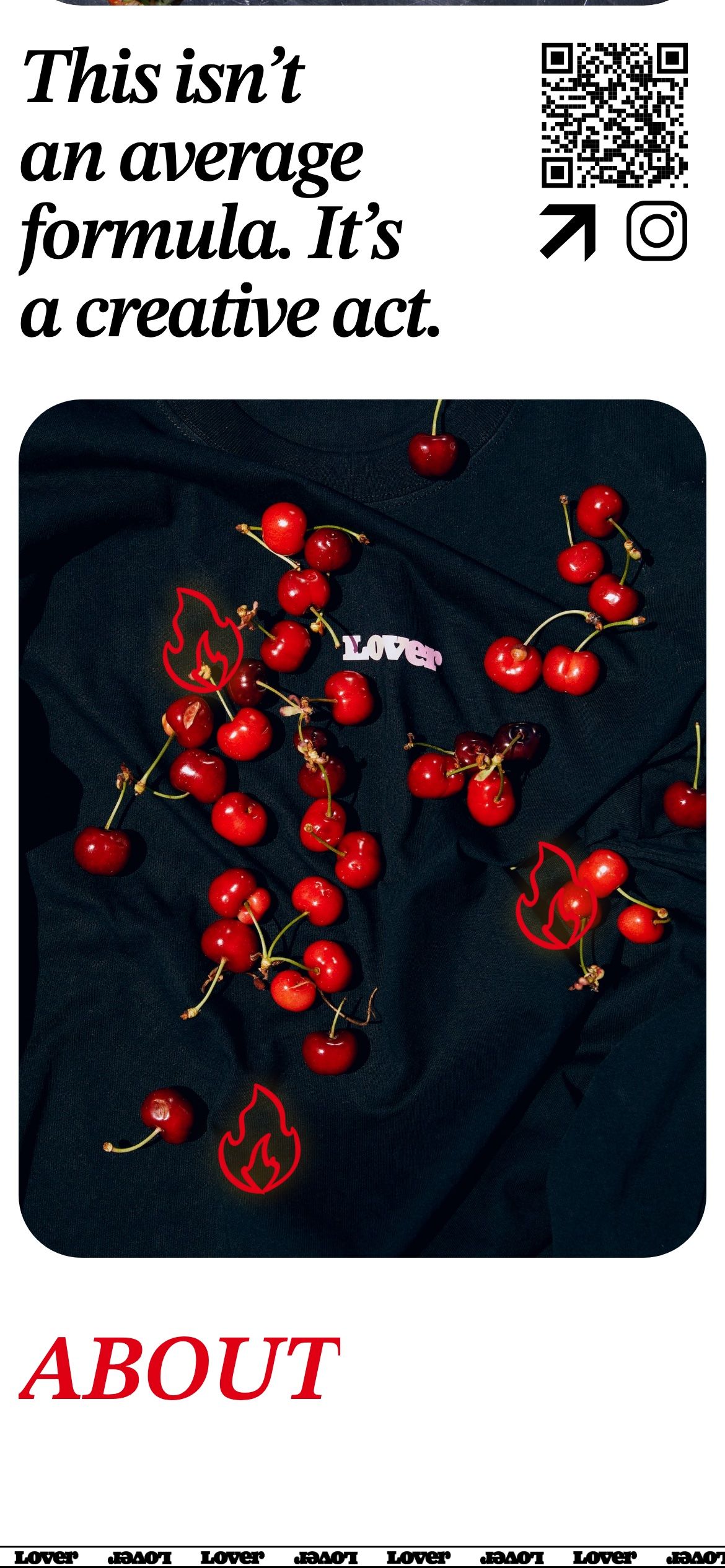 The home page further down on a phone, “This isn’t an average formula. It’s a creative act.” above a cherry photo