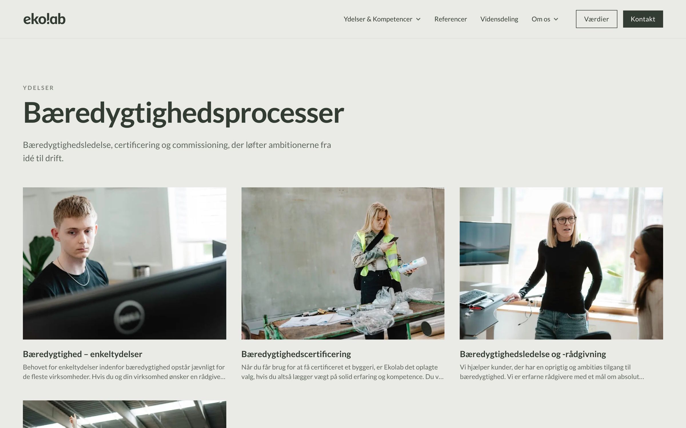 Sustainability services overview with photo cards for certification, single services and advisory