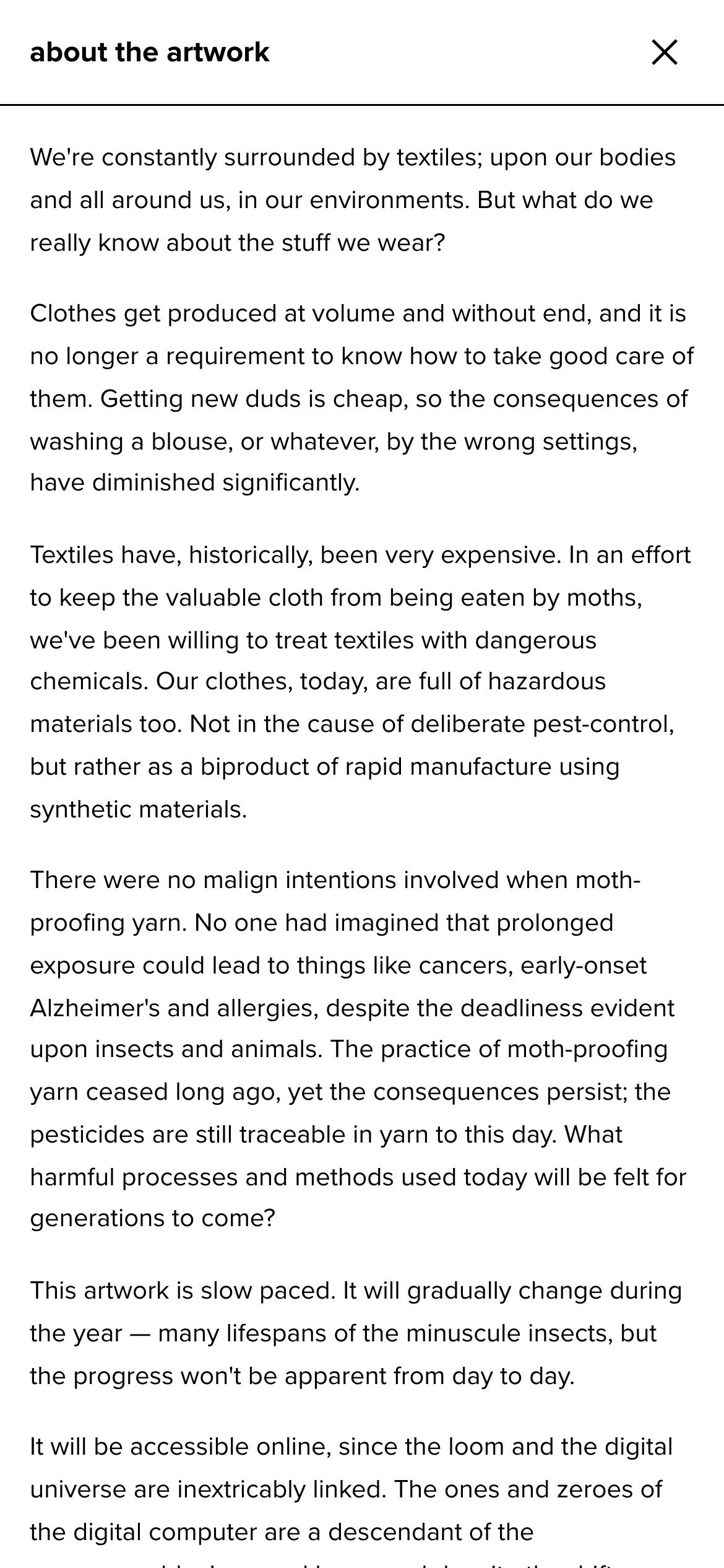 The about the artwork panel on a phone, the story of moths, wool and mothproofing chemicals