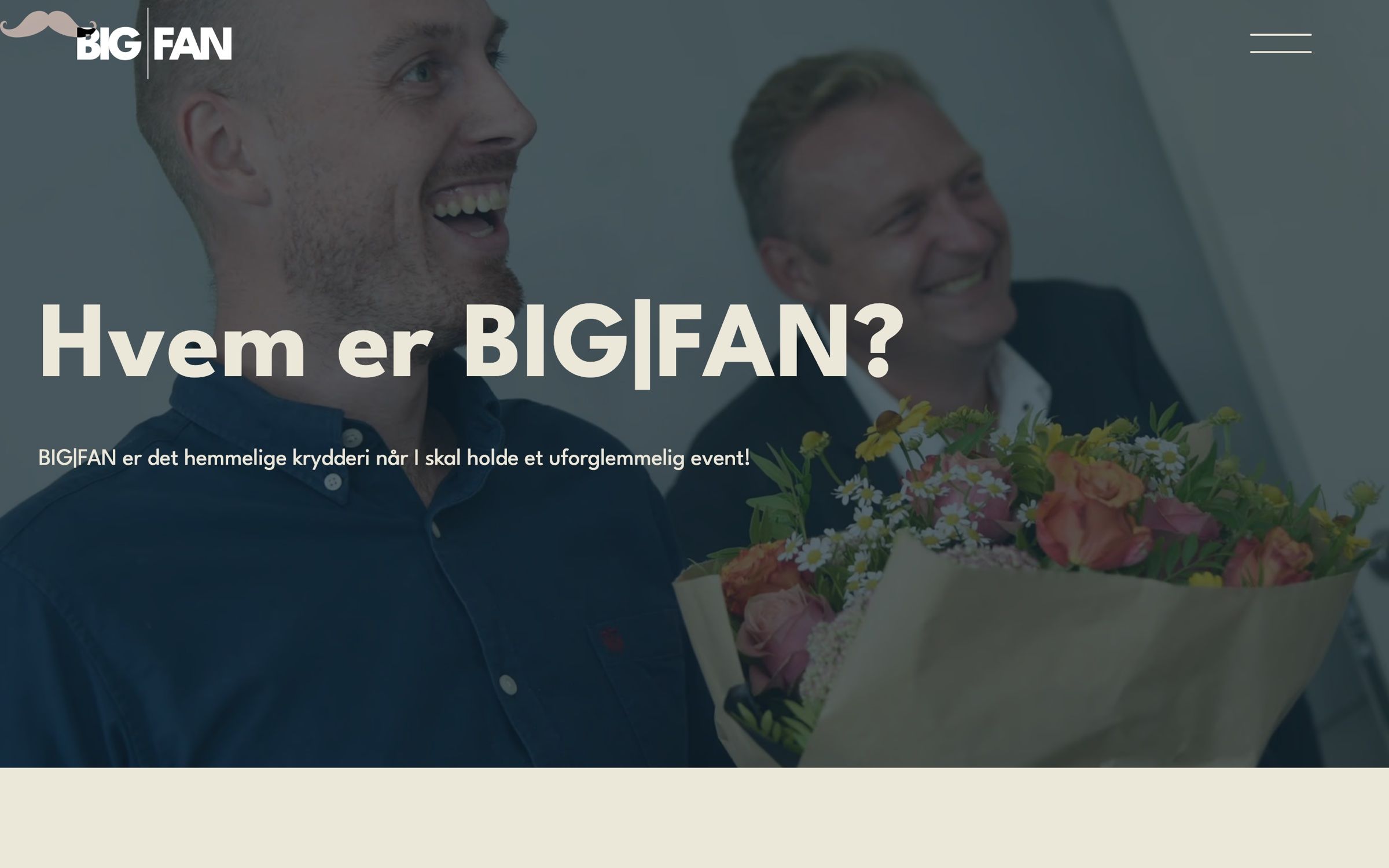 The about page on desktop, the two founders laughing with a bouquet under “Hvem er BIG|FAN?”