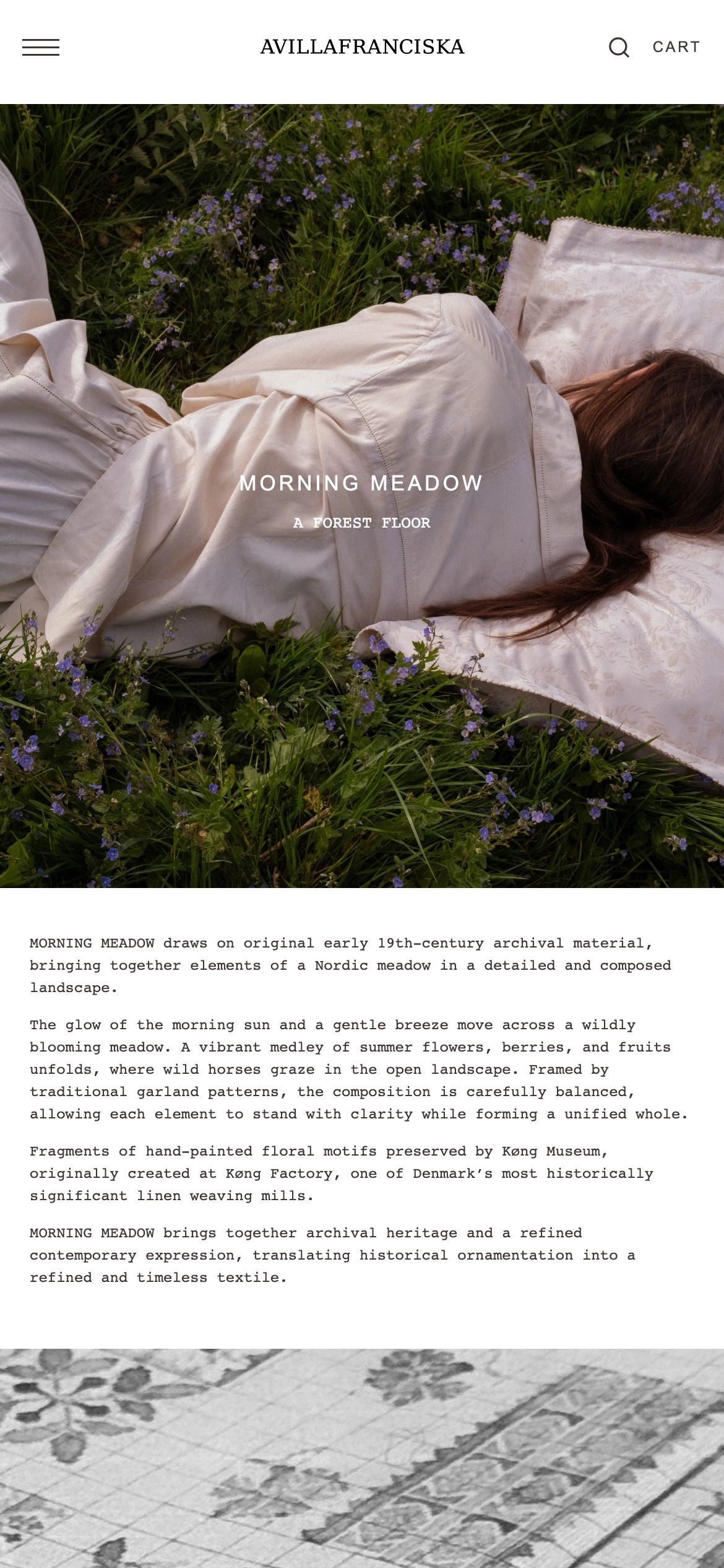 The Morning Meadow page on a phone, the meadow photo above the story of the pattern’s 19th-century archive