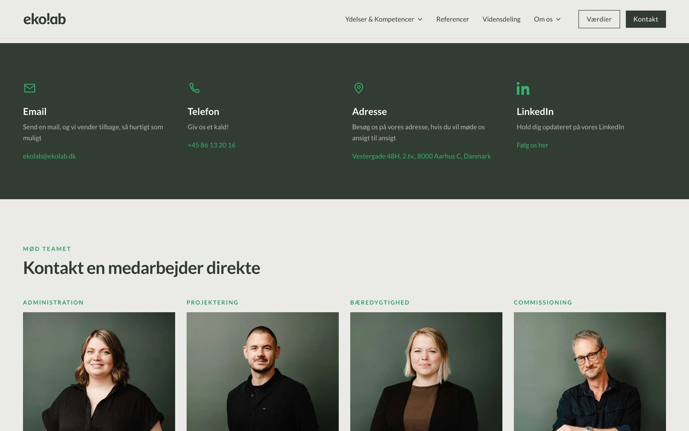 Contact page with email, phone, address and LinkedIn on dark green, and staff portraits under “Kontakt en medarbejder direkte”