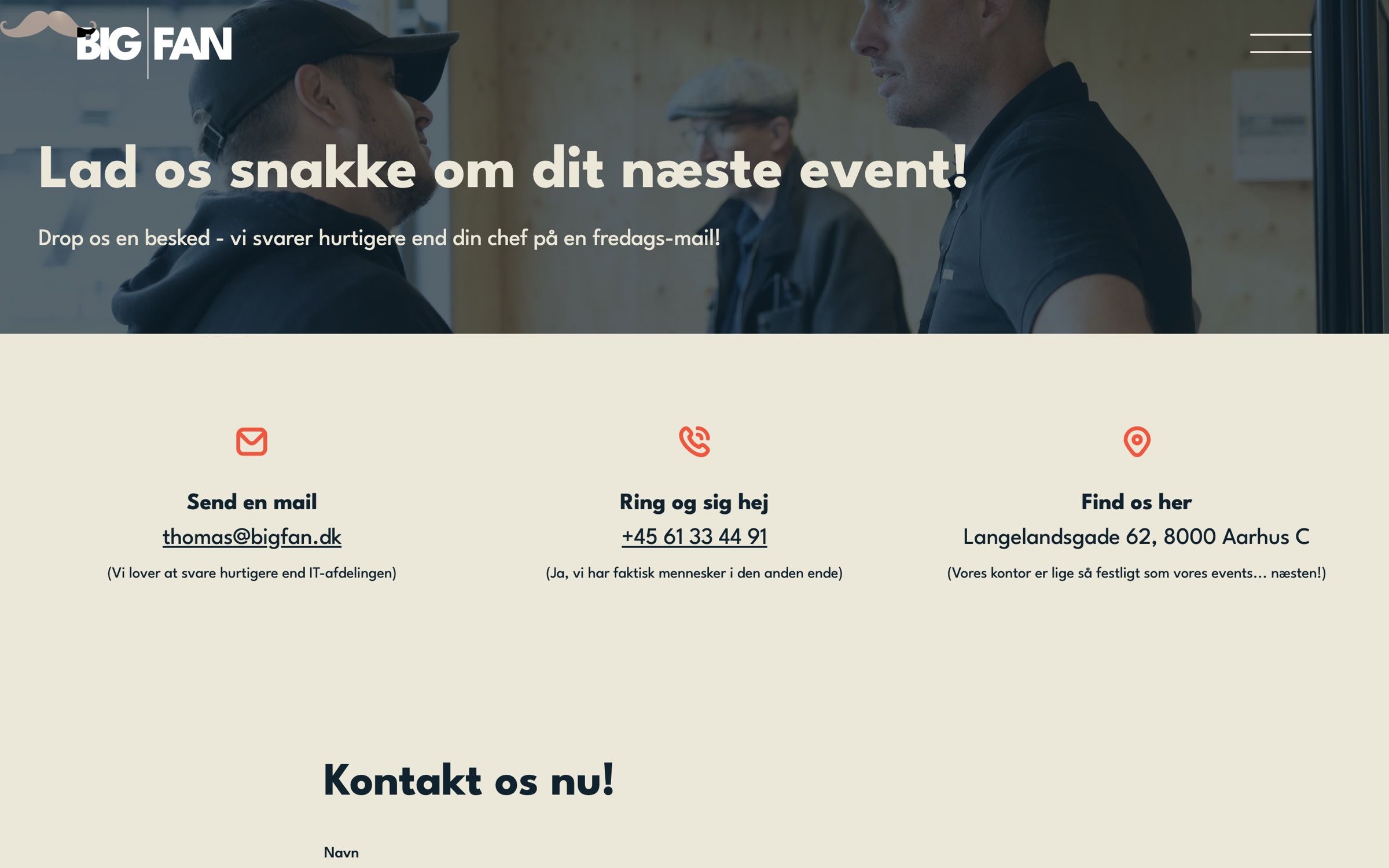 The contact page on desktop, a short video header above email, phone and address in cream columns
