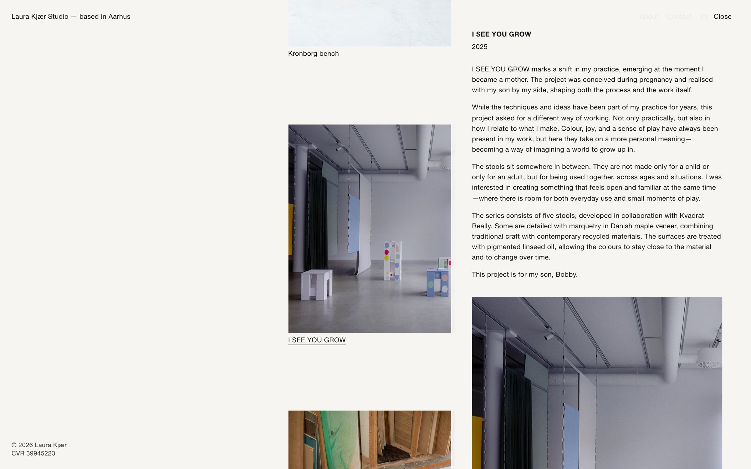The I SEE YOU GROW drawer on desktop, colourful marquetry stools in a gallery beside the project text